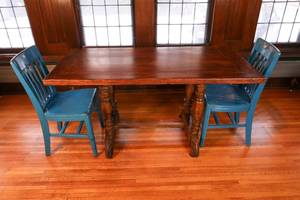 lot 15 image: Wooden rectangular table with a pair of friendly blue painted chairs