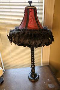 lot 27 image: Carved Wood Lamp with Gorgeous Victorian Feather Lampshade