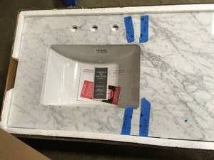 HOME DECORATORS 73X22 MARBLE DOUBLE TROUGH SINK VANITY TOP IN CARRARA DAMAGED SEE PICS