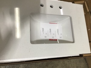 Home Decorators 61 in. W x 22 in. D Engineered Marble Vanity Top in Snowstorm with White Double Trough Sinks damaged see pictures not used