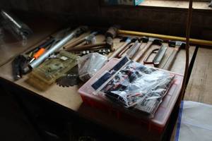 lot 864 image: Parts Organizer Case, U.S. Flag 3x5, Hammers, Wrenches, Flaring Tool, Saw Blades, Pipe Wrench, Concrete Trowels, Hand Tools