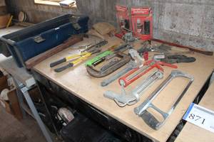 lot 871 image: Plastic Tool Box 28, Hack Saw, Caulk Guns, C-Clamp, Bolt Cutters, Pipe Wrench, and more