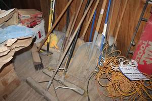 lot 902 image: Brooms, Shovels, Leaf Rake, Yard Tools