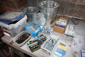 lot 957 image: Wedge Anchors, T50 Staples, Coarse Thread Drywall Screws, Carton Staples, Angled Finish Nails, Misc. Nails, Fasteners