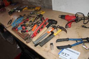 lot 937 image: Hammers, Pliers, Screwdrivers, Stanley Hacksaw, Hot Air Gun, Misc. Hand Tools
