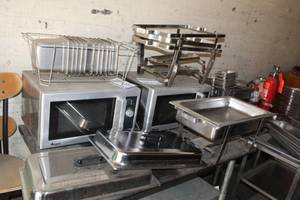 lot 994 image: Lot of (Approximately 14) Stainless Steel Food Storage Containers, Stainless Steel Chafing Pans with Lids and Stands