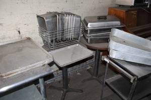 lot 993 image: Lot of (Approximately 24) Stainless Steel Cooking Pans with Lids, Cookie Sheets, Stainless Steel Food Storage Containers