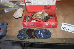 lot 970 image: Metal Tool Box, Sockets, Socket Racks, Cut-Off Discs