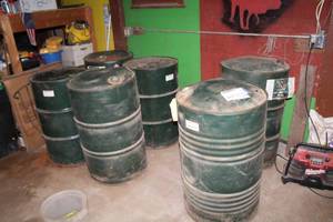 lot 1072 image: Lot of (8) Lexington Fence Coat Acrylic Lacquer Black 50-Gallon Drums