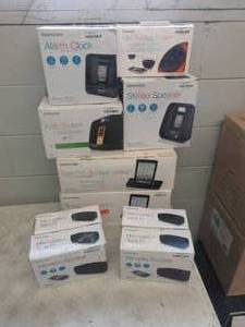 lot 67 image: Huge lot of Memorex wireless speakers, and clocks open box