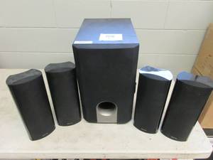 lot 80 image: Onkyo speaker system SKW-540 Powered SubWoofer and 4 Onkyo SKM-750XS speakers