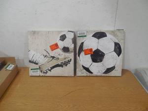 lot 51 image: (2) 16 in. x 16 in. Vintage Soccer Ball by Peter Horjus Canvas Wall Art