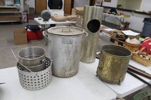 lot 506 image: Lot of (5) Cooking Pots with Lids, Cooking Pots without Lids, Metal Strainer, Trash Container, Ash Tray