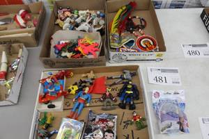 lot 481 image: Lot of (3 Boxes) Action Figures, Misc. Figurines, Indian Headress and Beads, Plastic Toys