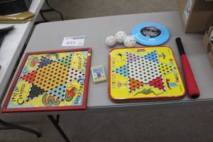 lot 495 image: Hop ching Chinese Checkers Game Boards (x2), Frisbee, Small Bat with 3-Wiffle Balls