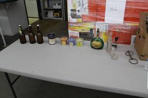 lot 532 image: Vintage Brown Beer Bottles with Flip-Top Lids, Ceramic Cheese Food Containers, Glass Bottles, Glass Ash Tray, Horse Bit, Date Stamp