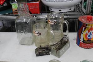 lot 529 image: A&W Root Beer Mugs (x2), Small Mug, Mail Holder, Glass Bottle, Train Salt&Pepper Shakers