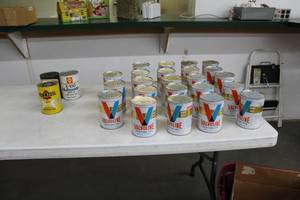 lot 521 image: Lot of (23) Vintage Motor Oil Cans with Oil - Valvoline Heavy Duty 32oz. Cans