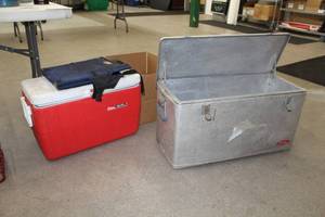lot 491 image: Lot of (3) Coleman Polylite Cooler, Therm-A-Rest Camp Chair, Metal Cooler