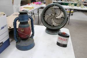 lot 488 image: Lot of (3) Vintage Lantern, Dominion Table Fan, Boraxo Tin