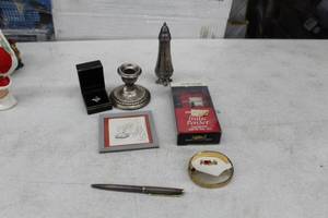 lot 493 image: Lot of (7) Pen, Italic Penset, Pewter Candleholder, Blue Ring with Box, Earrings with Box, Jewelry, Misc. Collectibles
