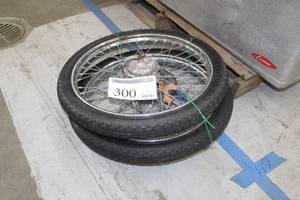 lot 300 image: Lot of (2) Mitas 2-14-17 Tires Mounted on Front and Rear Wire Spoke Moped Wheels