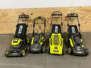 lot 78 image: RYOBI Lot of 4-  Various Battery Powered Lawn Mowers (Battery and Charger NOT included)