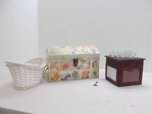 lot 168 image: Decorative chest, wood picture box, wicker basket