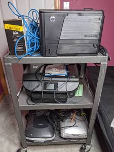 lot 251 image: Metal Rolling Cart with Multiple Scanners and Printers