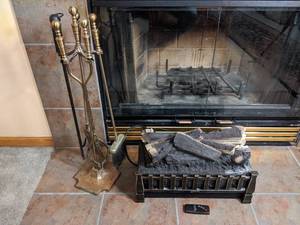 lot 206 image: Brass Fireplace Tools and Electric Logs