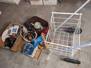 lot 312 image: Metal Utility Cart with Assorted Decor and Kitchenware