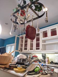 lot 128 image: Hanging Pot Rack and Assorted Kitchen Tools