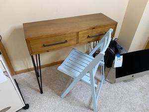 lot 141 image: Modern Wood Table with Hairpin Legs and Wood Folding Chair