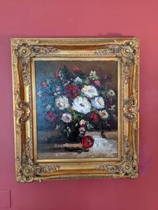 lot 7 image: Floral Still Life Original Oil Painting in Gilded Wood Frame