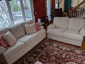 lot 22 image: Set of Two Benchcraft Sansimeon Stone Sofas and One Loveseat