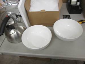 Tea Kettle, 2 White Serving Bowls...