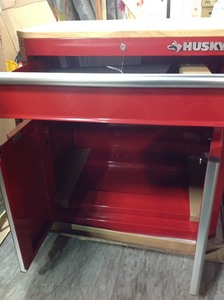 28 in. W x 33 in. H x 18 in. D 1-Drawer 2-Door Steel Garage Base Cabinet in Red by Husky in good conditions