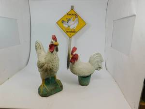 Cement Chicken Statues and Chicken Crossing Sign