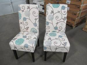 lot 219 image: Noble House Pertica White and Blue Floral Fabric Dining Chairs (Set of 2) - 1 Chair Back is cracked - needs repair.