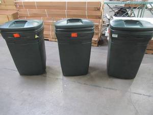 lot 226 image: (3) Rubbermaid 45 Gal. Wheeled Trash Cans in Evergreen with Lids, RM134501 - Some Slight Denting.