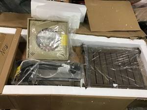 lot 39 image: LEGACY HEATING 59 in. x 21 in. Rectangle Extruded Aluminum Propane Fire Table with Wind Glass, Cover and Lid-Natural Wood Look SEE PICS