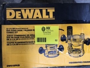 lot 52 image: Dewalt DW618PKB 2-14 HP EVS Fixed Base  Plunge Router Combo Kit used in good condition see pictures