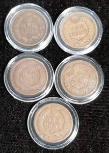 5 INDIAN HEAD CENTS 1891 1892 1895 1897 1899 IN AIRTITES