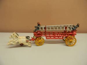 lot 18 image: VINTAGE  ORIGINAL Cast Iron Toy FIRE TRUCK Wagon Horse drawn Hook & Ladder 2 Men - VERY COOL PIECE - SEE PICTURES