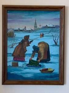 lot 4 image: Signed Oil on Canvas Folk Art Scene