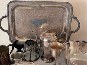 lot 202 image: Vintage Silver Plate Items &  Pair of Sterling Silver SaltPepper Shakers