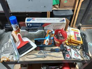lot 6 image: Lighted Exit Sign, Assorted Hand Tools, Work Gloves, Misc. Hardware, Hand Sweep, Dust Pan & Mail Box Flags