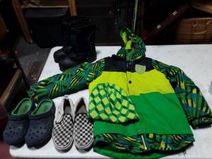 lot 23 image: Youth Size 2 Baffin, Crocs, Vans, Jacket & Hat