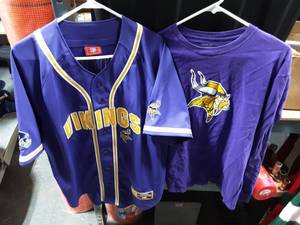lot 43 image: 2-MN Vikings Jerseys Size Large, 1-T. Nash #25, 1-Long Sleeve