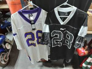 lot 45 image: 2-MN Vikings Jerseys #28 Peterson, Black Size XL, White (New With Tags) Size 2XL
